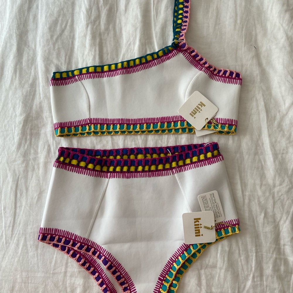 KIINI White Bikini with Pink, Green & Yellow Crochet Trim